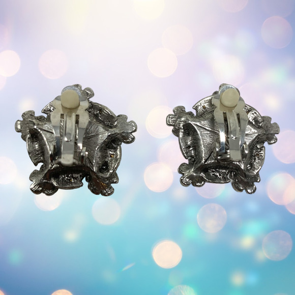 Vintage 1960's Abalone & Floral Star Silver Tone Earrings Clip On Couture - Picture 2 of 5